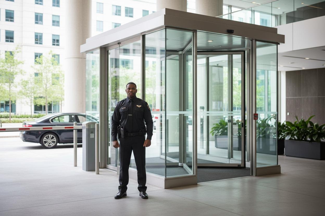 Condominium security guard monitoring a residential building