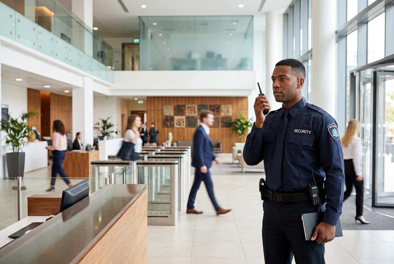 Professional commercial security guard at an office building