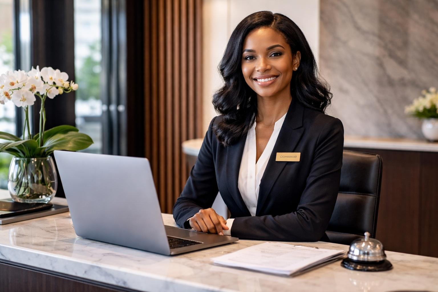 Professional condominium concierge assisting residents at a reception desk