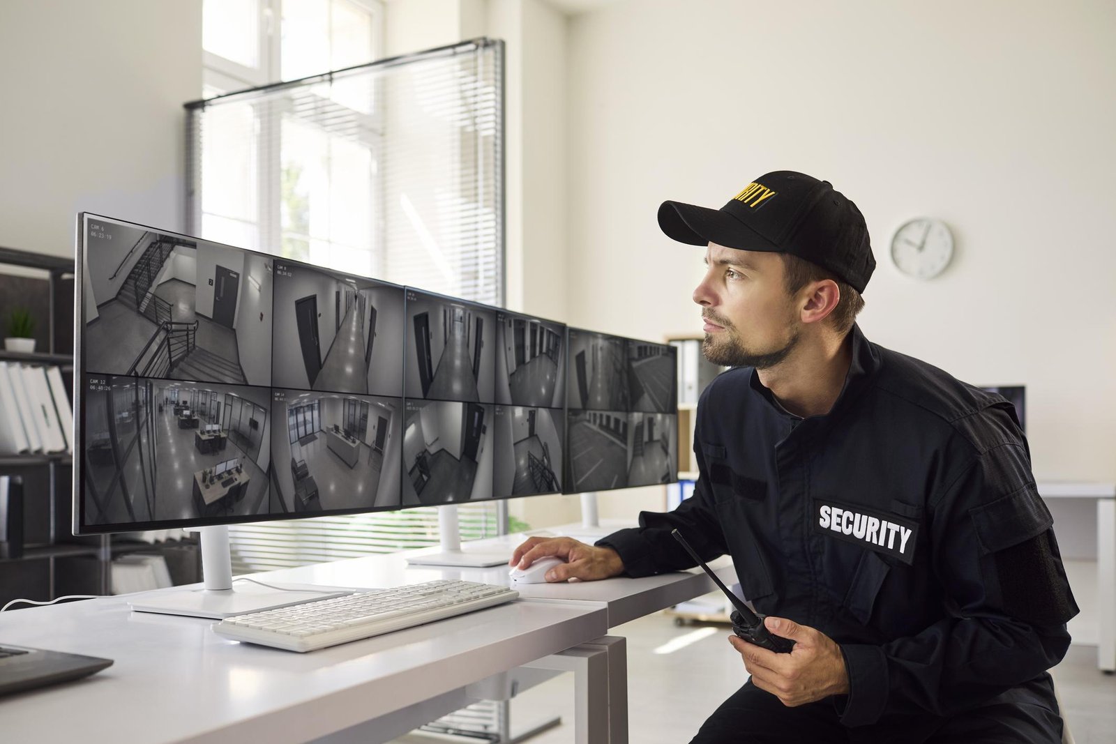 Professional private security guard monitoring a property